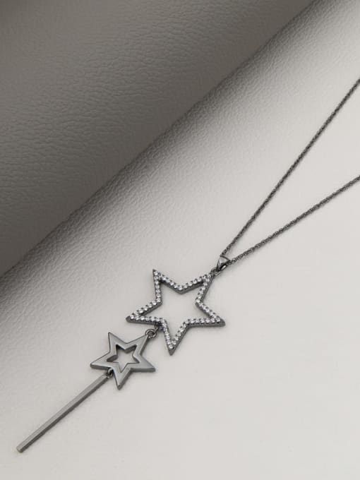 Black Brass Rhinestone White Star Minimalist Long Strand Necklace