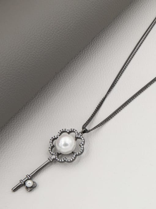 Black Brass Imitation Pearl White Key Minimalist Long Strand Necklace
