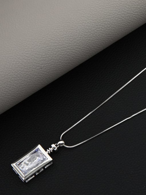 White Brass Glass Stone White Rectangle Minimalist Long Strand Necklace