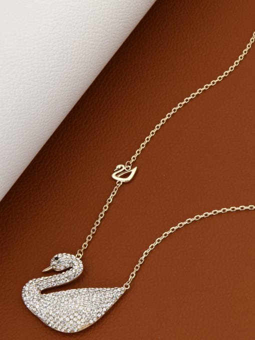 Gold Brass Rhinestone White Swan Minimalist Long Strand Necklace