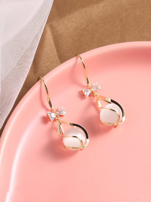 Lin Liang Brass Cats Eye White Tassel Dainty Drop Earring