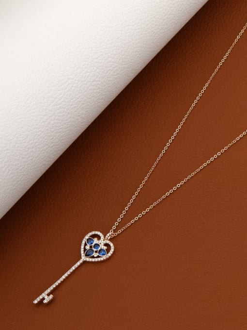 Rose Gold Blue Diamond Brass Rhinestone White Key Minimalist Long Strand Necklace