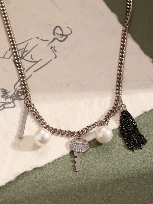 Copper Brass Imitation Pearl White Key Dainty Long Strand Necklace