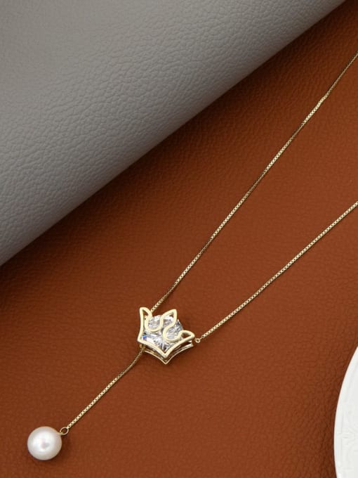 Gold Brass Cubic Zirconia White Crown Minimalist Long Strand Necklace