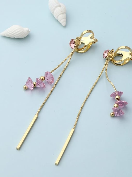 Lin Liang Brass Rhinestone Pink Tassel Minimalist Drop Earring 1