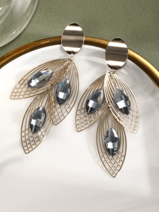 Lin Liang Brass Glass beads Gray Leaf Dainty Drop Earring 0