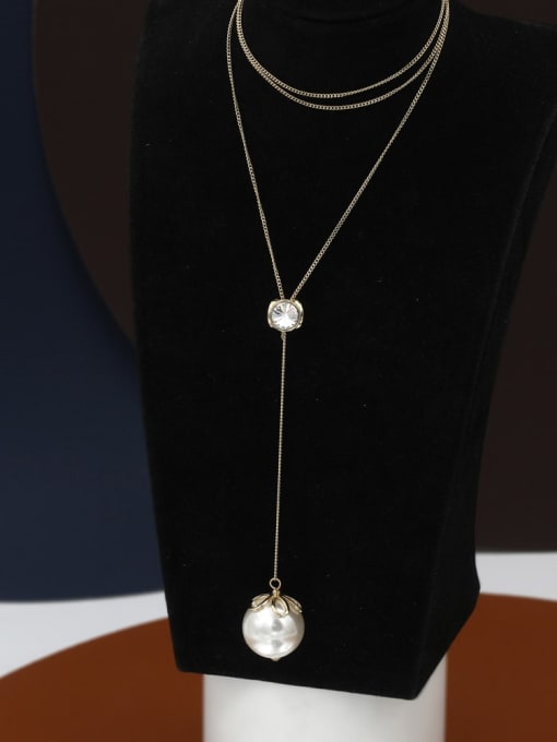 Gold Brass Imitation Pearl White Round Minimalist Long Strand Necklace