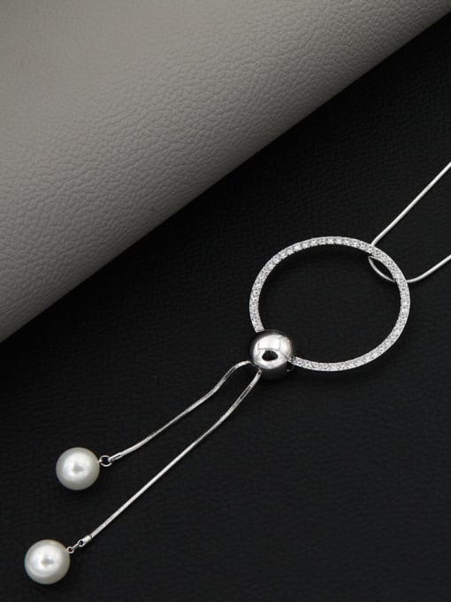 White Brass Rhinestone White Round Minimalist Long Strand Necklace