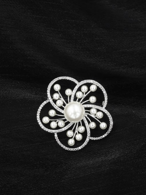 Lin Liang Brass Imitation Pearl White Flower Classic Brooch 1