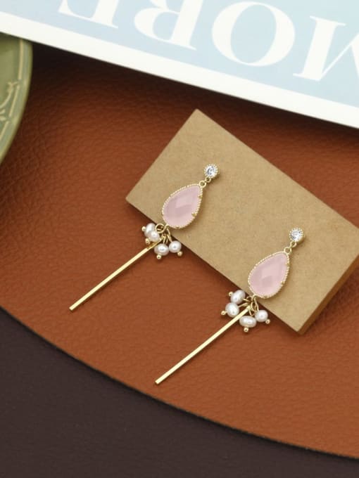 Lin Liang Brass Glass Stone Pink Geometric Minimalist Drop Earring 0