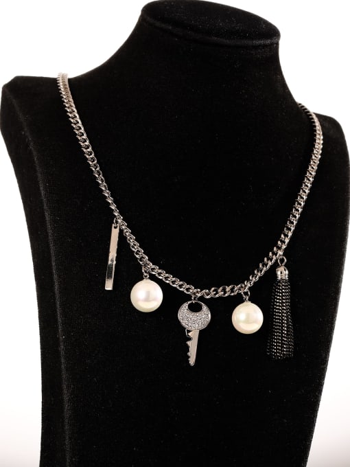 Lin Liang Brass Imitation Pearl White Key Dainty Long Strand Necklace 2