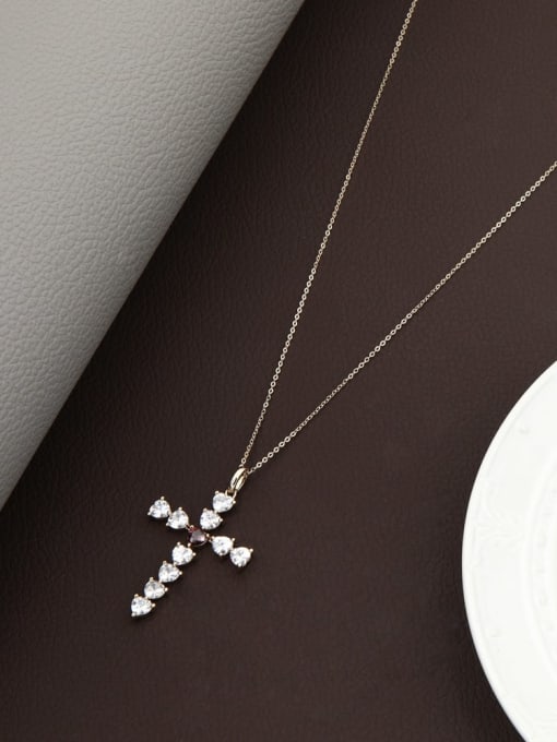 Rose Gold Purple Diamond Brass Cubic Zirconia White Cross Minimalist Regligious Necklace
