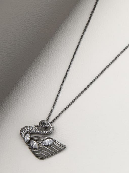 Black Brass Rhinestone White Swan Minimalist Long Strand Necklace