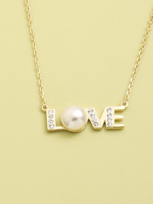 Gold 925 Sterling Silver Imitation Pearl Blue Letter Minimalist Necklace