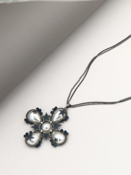 Black Brass Imitation Pearl White Geometric Minimalist Long Strand Necklace