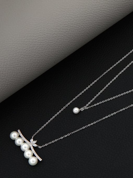 Lin Liang Brass Imitation Pearl White Geometric Minimalist Long Strand Necklace 1