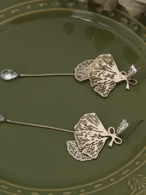 Coffee gold Brass Cubic Zirconia White Leaf Minimalist Drop Earring