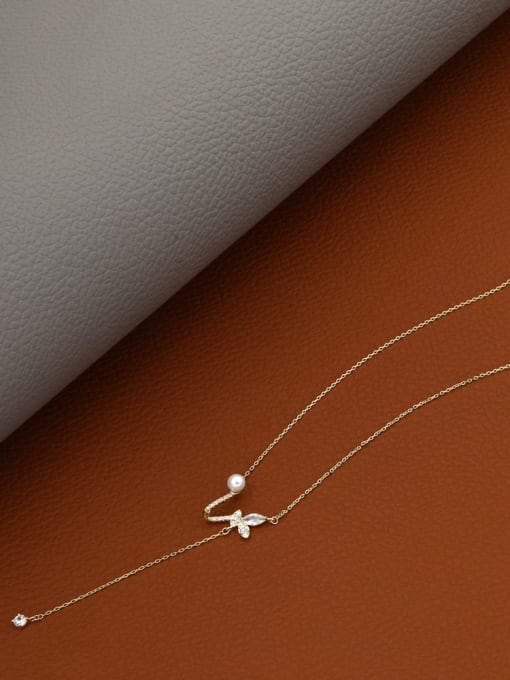 Gold Brass Imitation Pearl White Geometric Minimalist Long Strand Necklace