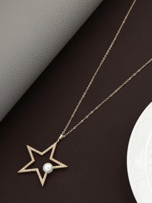 Gold Brass Rhinestone White Star Minimalist Long Strand Necklace