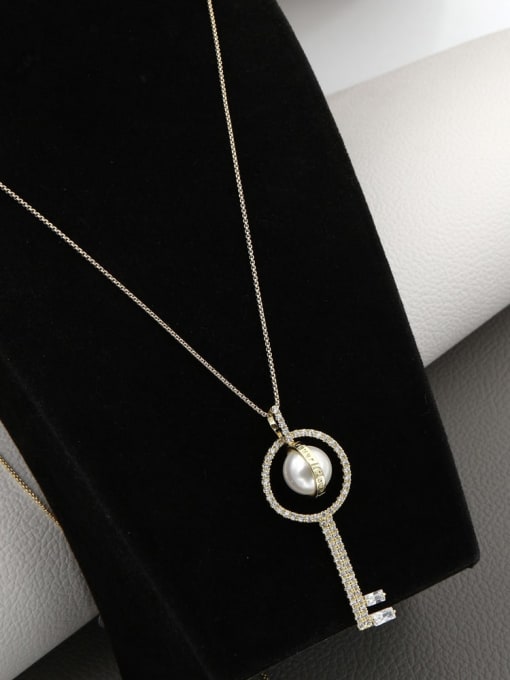 Gold Brass Imitation Pearl White Key Minimalist Long Strand Necklace