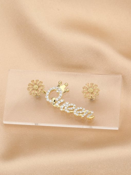 Gold Brass Rhinestone White Flower Classic Drop Earring