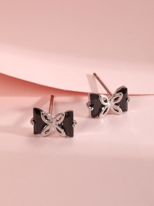 Lin Liang Brass Cubic Zirconia Black Bowknot Minimalist Stud Earring 0