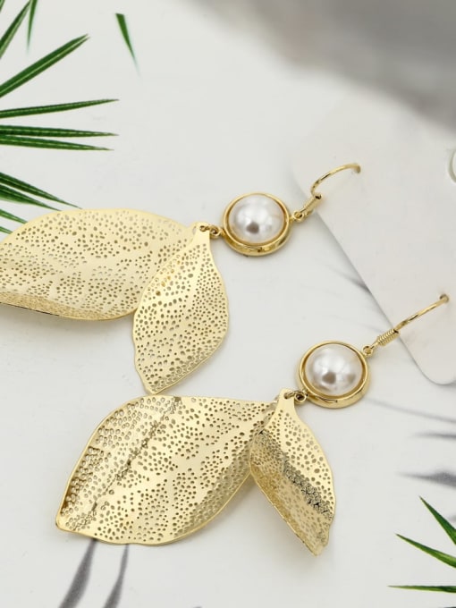 Gold Brass Imitation Pearl White Leaf Minimalist Drop Earring