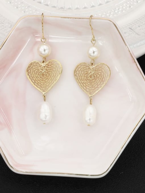 Gold Brass Imitation Pearl White Heart Classic Drop Earring