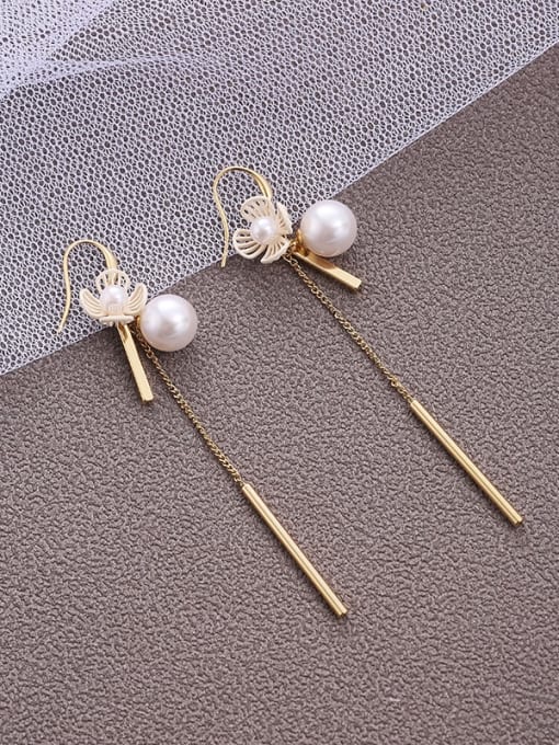 Lin Liang Brass  Imitation Pear   Simplicity Flower   long Tassel Earrings 0