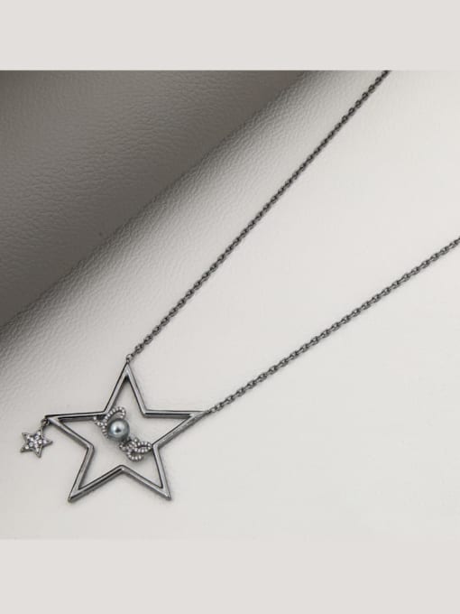 Black Brass Cubic Zirconia White Star Minimalist Long Strand Necklace