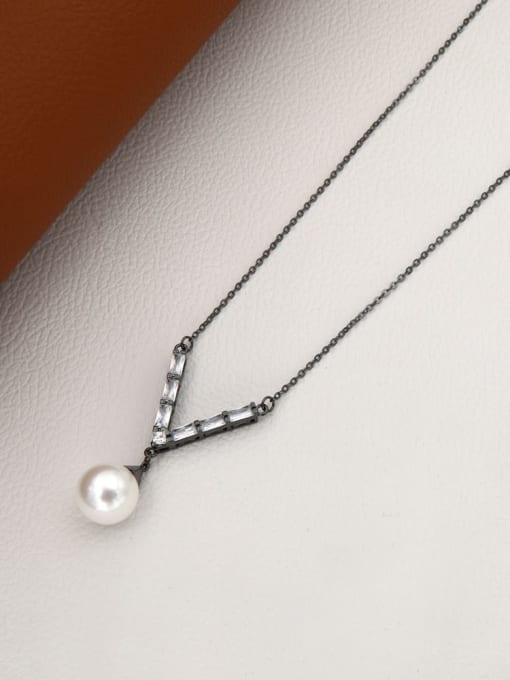 Black Brass Imitation Pearl White Letter Minimalist Long Strand Necklace
