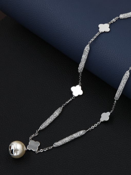 Lin Liang Brass Imitation Pearl White Flower Minimalist Long Strand Necklace