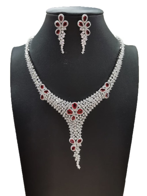 Red GODKI Luxury Women Wedding Dubai Dainty Water Drop Copper Cubic Zirconia White Earring And Necklace Set