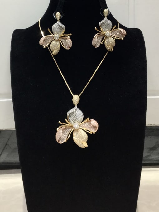 Tabora Statement Flower Copper Cubic Zirconia White Earring and Necklace Set 0
