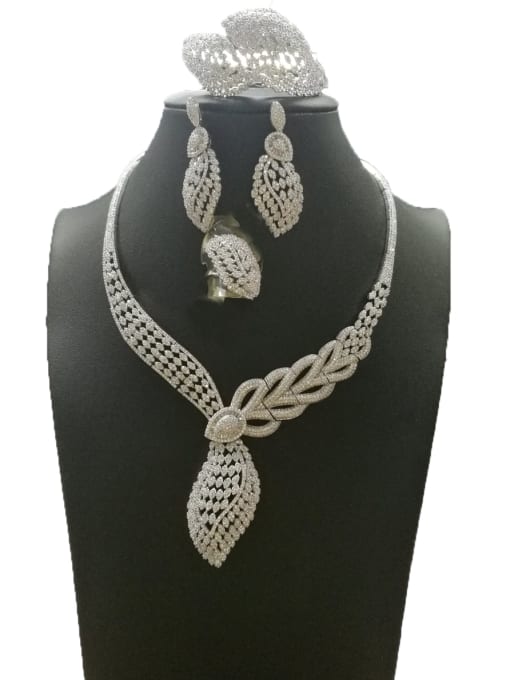 Tabora GODKI Luxury Women Wedding Dubai Dainty Leaf Copper Cubic Zirconia White Ring Earring Bangle And Necklace Set