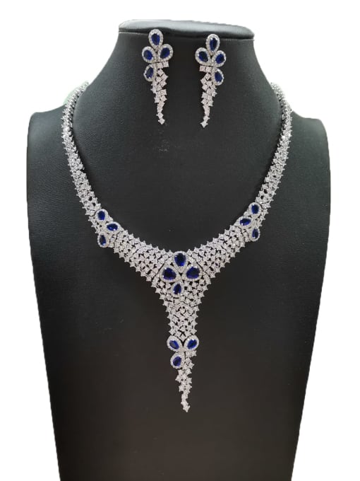 Blue GODKI Luxury Women Wedding Dubai Dainty Water Drop Copper Cubic Zirconia White Earring And Necklace Set