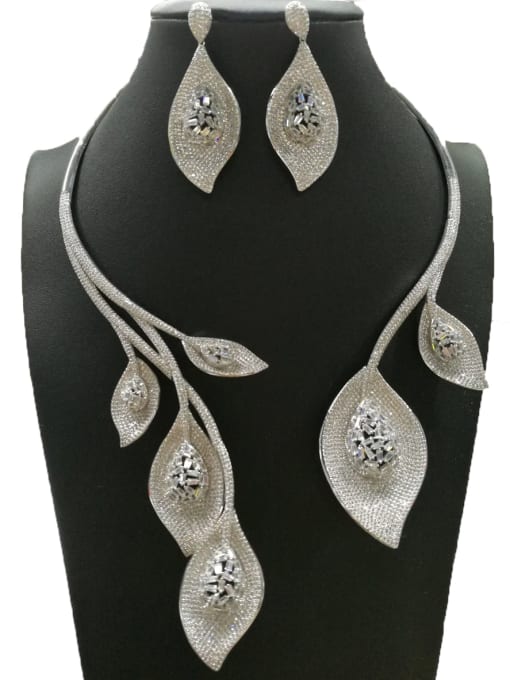 Tabora GODKI Luxury Women Wedding Dubai Dainty Leaf Copper Cubic Zirconia White Earring And Necklace Set 0