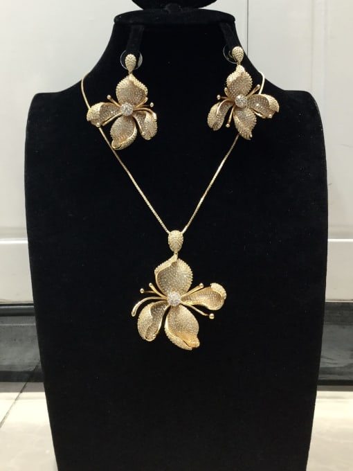 Tabora Statement Flower Copper Cubic Zirconia White Earring and Necklace Set