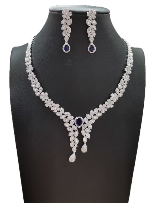 Blue GODKI Luxury Women Wedding Dubai Dainty Flower Copper Cubic Zirconia White Earring And Necklace Set