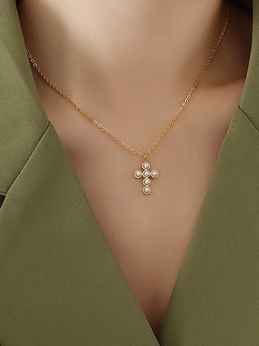 MAKA Titanium Steel Imitation Pearl Cross Vintage Necklace 1