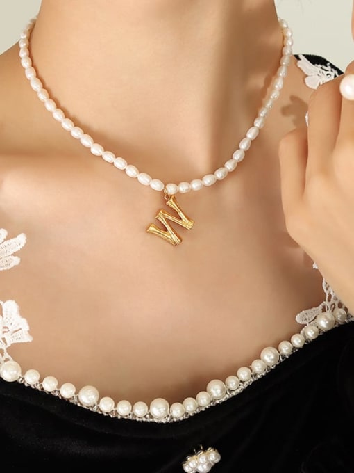 P1238 w letter gold necklace 36+ 7cm Titanium Steel Freshwater Pearl Letter Hip Hop Necklace