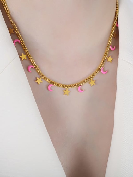 P1498 Pink Drop Oil Gold Necklace 40 5cm Titanium Steel Enamel Trend Pentagram Bracelet and Necklace Set