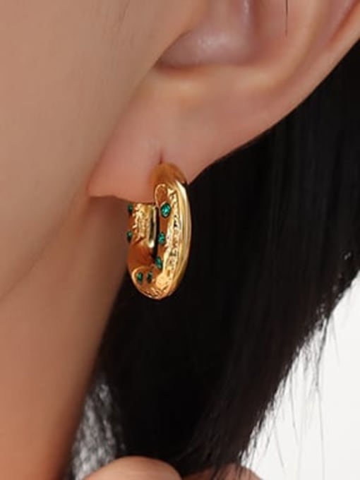 F099 gold green Zircon Earrings Titanium Steel Rhinestone Geometric Vintage Huggie Earring