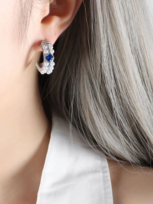 F774 Steel Color Earrings Titanium Steel Imitation Pearl Geometric Trend Hoop Earring