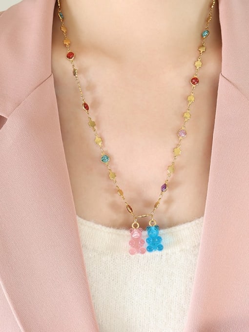 P1285  blue pink bear diamond (long) Titanium Steel Resin Multi Color Enamel Bear Cute Necklace