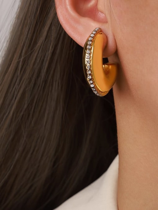 F1272 Gold Earrings Titanium Steel Rhinestone Geometric Hip Hop Stud Earring