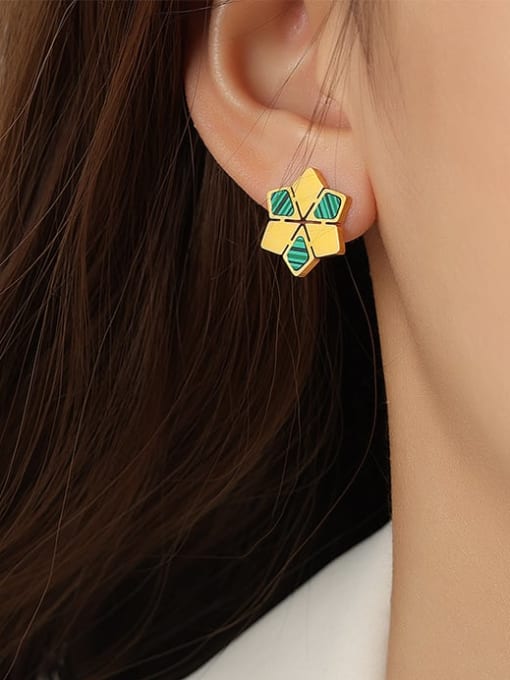F1089 Golden Turquoise Earrings Titanium Steel Cubic Zirconia Flower Minimalist Stud Earring