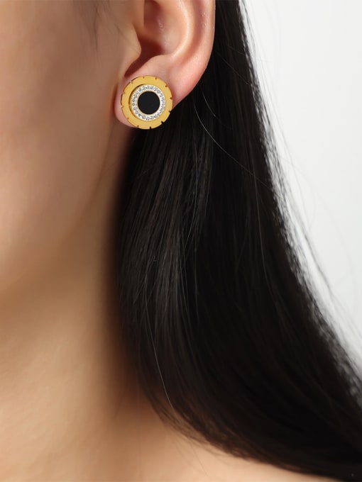 F1347 Black Round Hole Earrings Titanium Steel Cubic Zirconia Round Trend Stud Earring