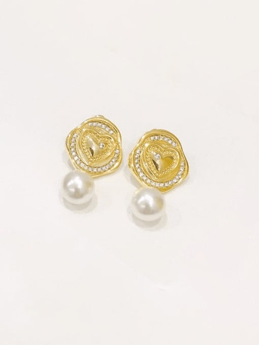 H00579 gold Brass Imitation Pearl Flower Vintage Drop Earring