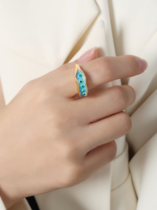 A029 Blue Glazed Gold Ring Titanium Steel Enamel Geometric Trend Band Ring